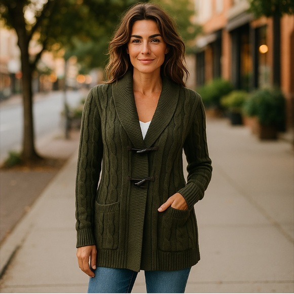Talbots Women’s Cable Knit Forest Green Sweater Jacket Size MP - Picture 1 of 8